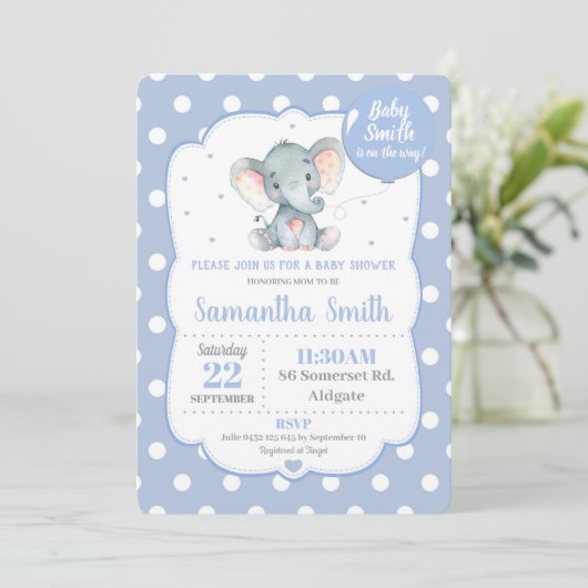 Elephant Baby Shower Einladung Blue Polka Dot Boy (Stehend Vorderseite)