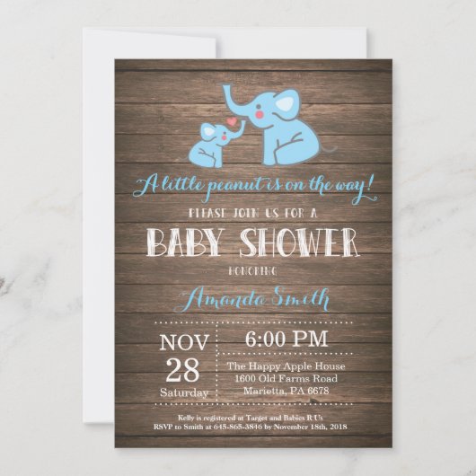 Elephant Baby Shower Einladung Blue Rustic (Vorderseite)