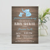 Elephant Baby Shower Einladung Blue Rustic (Stehend Vorderseite)