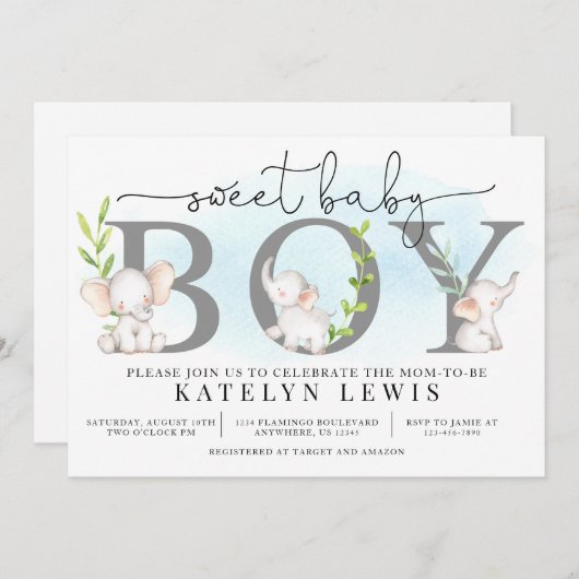 Elephant Baby Shower Einladung für einen Jungen (Vorne/Hinten)