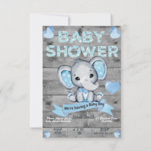 Elephant Baby Shower Einladung für Jungen Editable (Vorderseite)