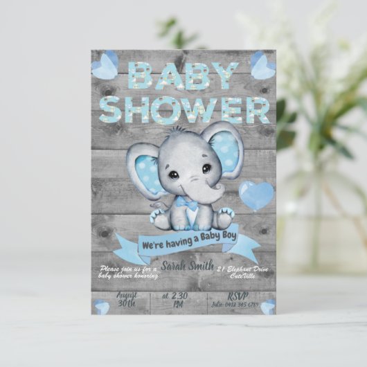 Elephant Baby Shower Einladung für Jungen Editable (Stehend Vorderseite)