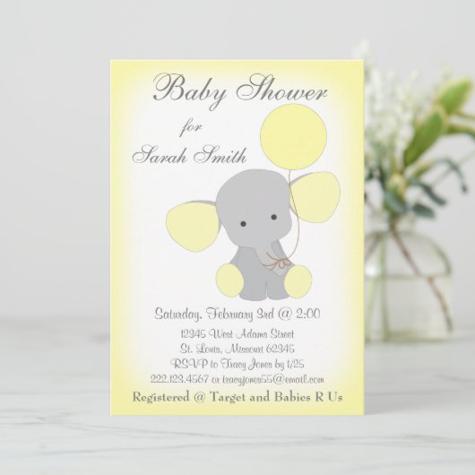 Elephant Baby Shower Einladung Gelb Grau (Stehend Vorderseite)