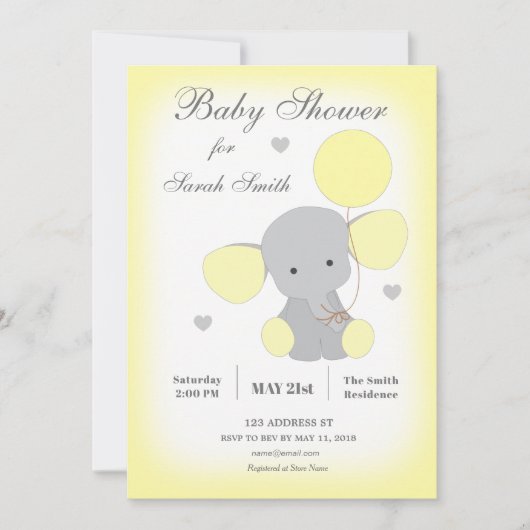 Elephant Baby Shower Einladung gelb-neutral (Vorderseite)