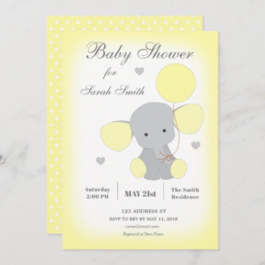 Elephant Baby Shower Einladung gelb-neutral (Vorne/Hinten)