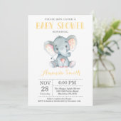 Elephant Baby Shower Einladung Gelb und Grau (Stehend Vorderseite)