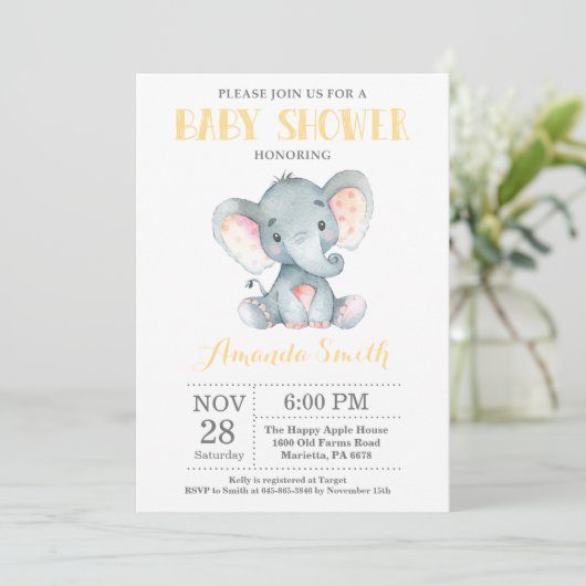 Elephant Baby Shower Einladung Gelb und Grau (Stehend Vorderseite)