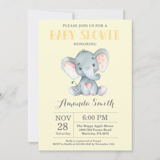 Elephant Baby Shower Einladung Gelb und Grau (Vorderseite)