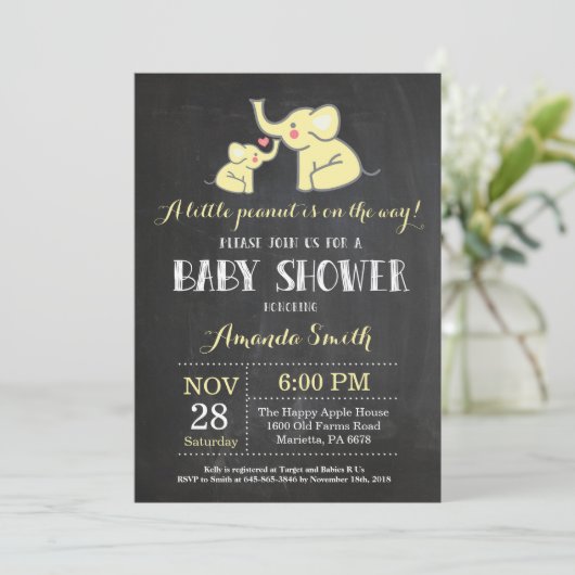 Elephant Baby Shower Einladung Gelb und Grau (Stehend Vorderseite)