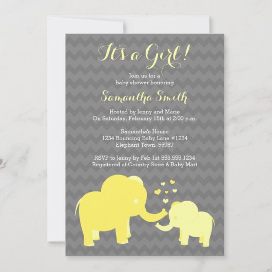 Elephant Baby Shower Einladung Gelb und Grau (Vorderseite)