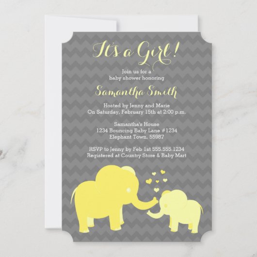 Elephant Baby Shower Einladung Gelb und Grau (Vorderseite)