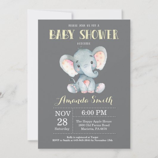Elephant Baby Shower Einladung Gelb und Grau (Vorderseite)