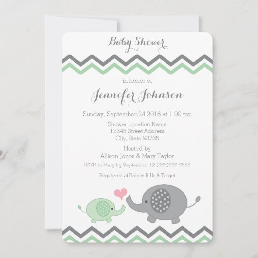 Elephant Baby Shower Einladung | Green Gray Zickza (Vorderseite)
