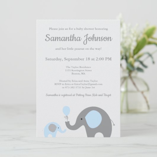 Elephant Baby Shower Einladung in Blau und Grau (Stehend Vorderseite)