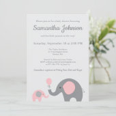 Elephant Baby Shower Einladung in Rosa und Grau (Stehend Vorderseite)