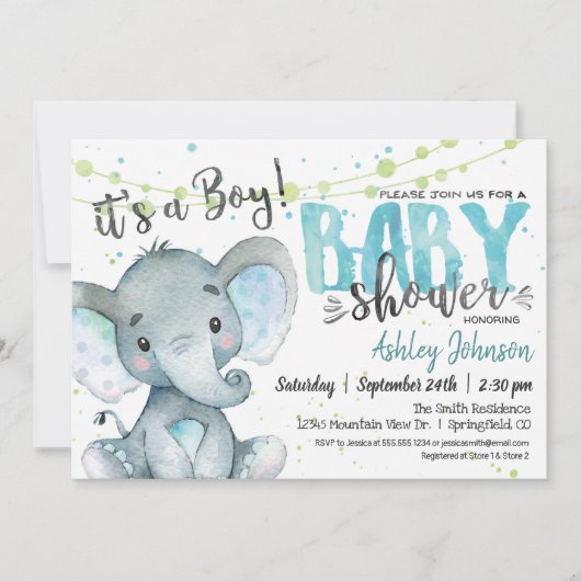 Elephant Baby Shower Einladung, Junge Einladung (Vorderseite)