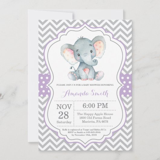 Elephant Baby Shower Einladung Lila und grau (Vorderseite)