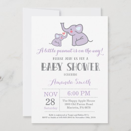 Elephant Baby Shower Einladung Lila und grau (Vorderseite)
