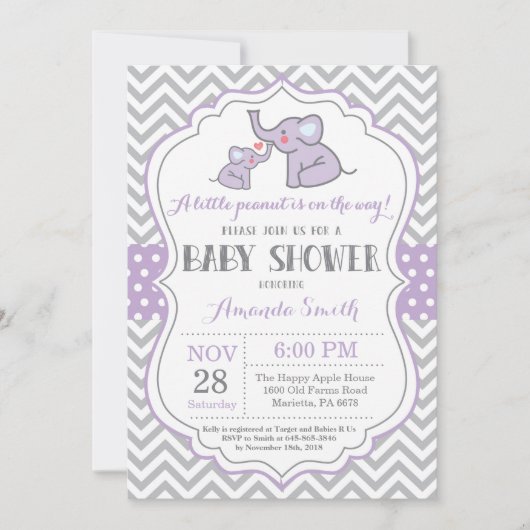 Elephant Baby Shower Einladung Lila und grau (Vorderseite)