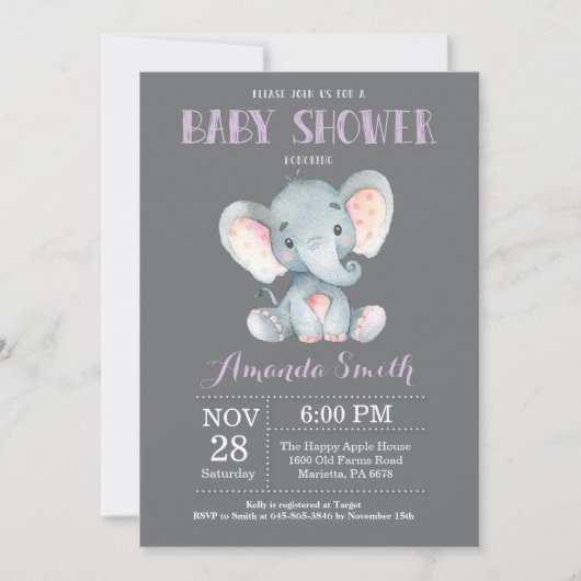Elephant Baby Shower Einladung Lila und grau (Vorderseite)