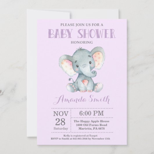 Elephant Baby Shower Einladung Lila und grau (Vorderseite)