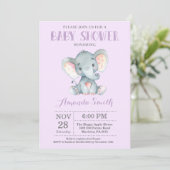 Elephant Baby Shower Einladung Lila und grau (Stehend Vorderseite)