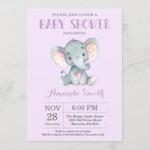 Elephant Baby Shower Einladung Lila und grau