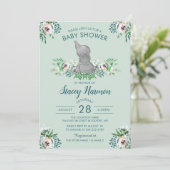 Elephant Baby Shower Einladung Mint Green Floral (Stehend Vorderseite)
