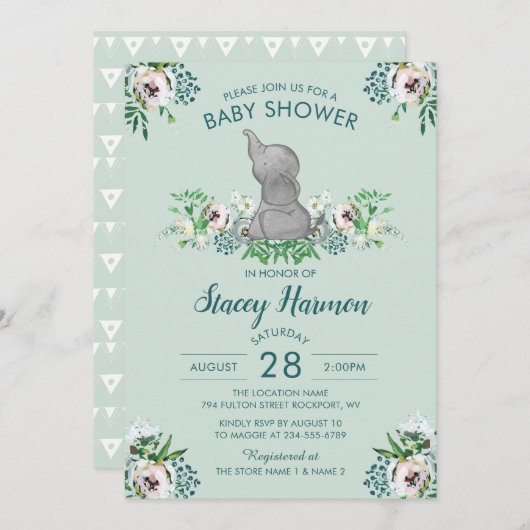 Elephant Baby Shower Einladung Mint Green Floral (Vorne/Hinten)