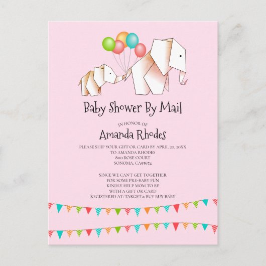 Elephant Baby Shower Einladung per Mail Pink (Vorderseite)