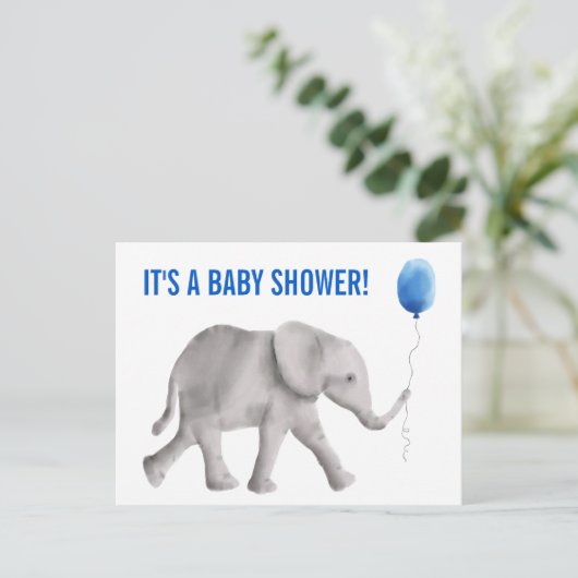 Elephant Baby Shower Einladung Postkarte, blau (Stehend Vorderseite)