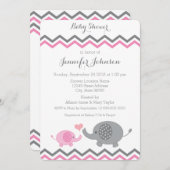 Elephant Baby Shower Einladung | Rosa Grau Zickzac (Vorne/Hinten)