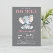 Elephant Baby Shower Einladung Rosa und Grau (Stehend Vorderseite)