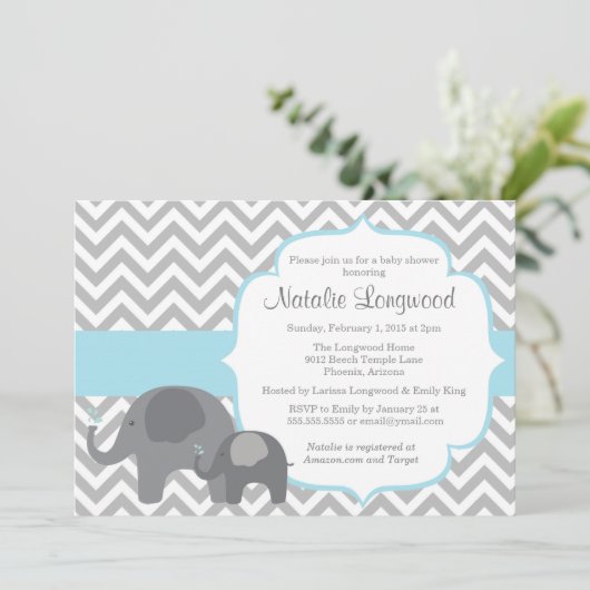 Elephant Baby Shower Einladung, Zickzack blauer Ju Einladung (Stehend Vorderseite)