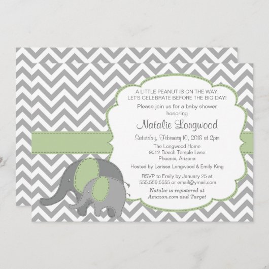 Elephant Baby Shower Einladung Zickzack Minze grün (Vorne/Hinten)