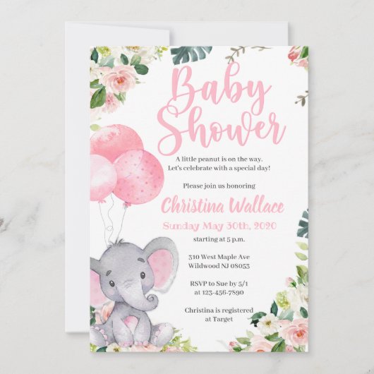 Elephant Baby Shower Einladungen für Mädchen (Vorderseite)