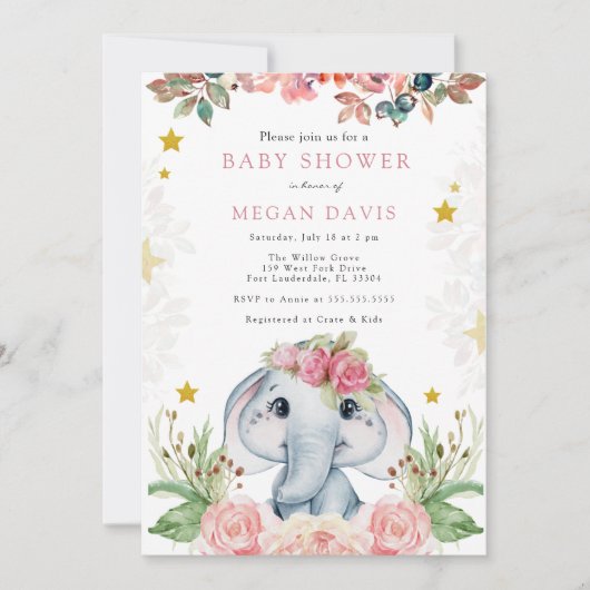 Elephant Baby Shower Einladungen Rosa Blume (Vorderseite)