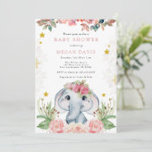 Elephant Baby Shower Einladungen Rosa Blume (Stehend Vorderseite)
