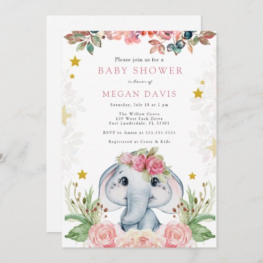 Elephant Baby Shower Einladungen Rosa Blume (Vorne/Hinten)