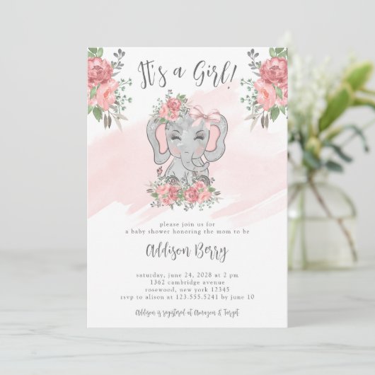 Elephant Baby Shower Es ist eine Einladung für Mäd (Stehend Vorderseite)