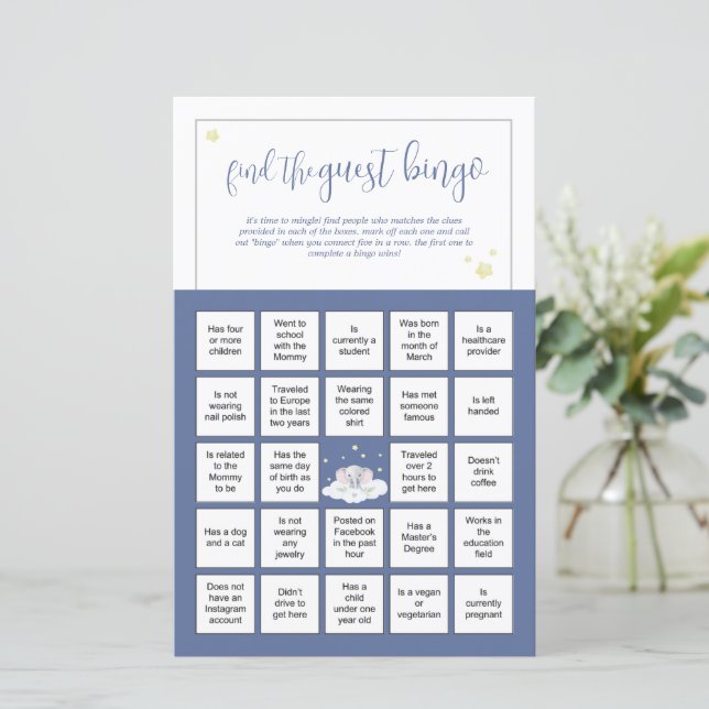 Elephant Baby Shower Game Guest Bingo Blue (Stehend Vorderseite)