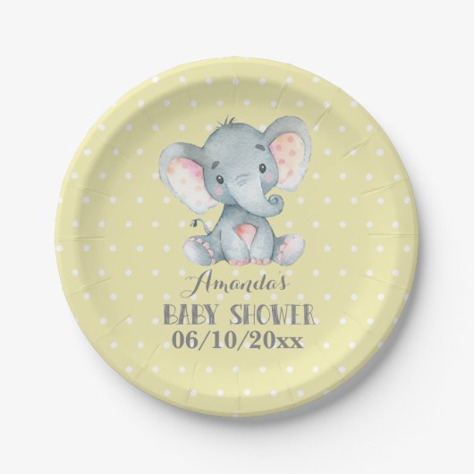 Elephant Baby Shower Gelb Paper Plate Pappteller (Vorderseite)