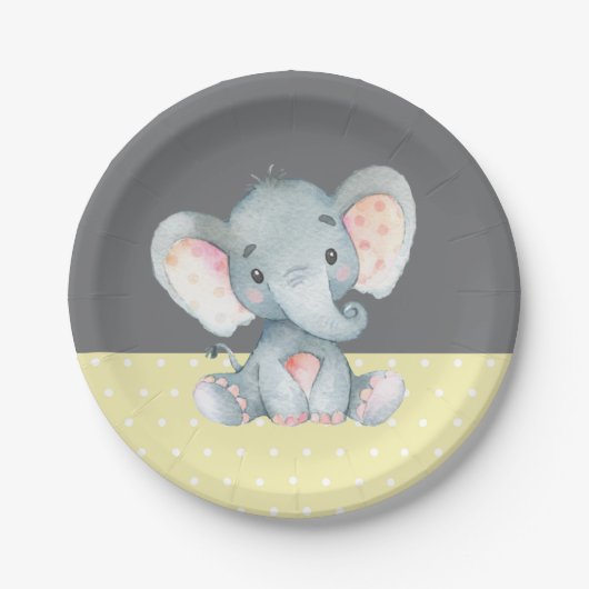 Elephant Baby Shower Gelb und Grau Pappteller (Vorderseite)