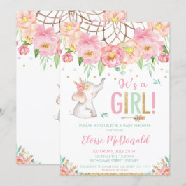 Elephant Baby Shower Girl Boho Pink Minze Floral Einladung