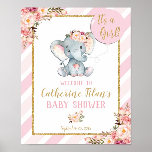 Elephant Baby Shower Girl Pink Begrüßungszeichen Poster (Vorne)