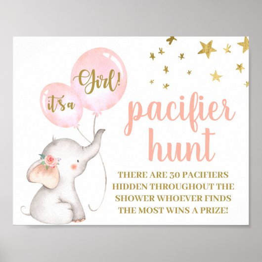 Elephant Baby Shower Girl Schnuller Hunt-Zeichen Poster (Vorne)