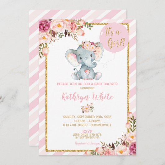 Elephant Baby Shower Invasion Girl Stripes Einladung (Vorne/Hinten)