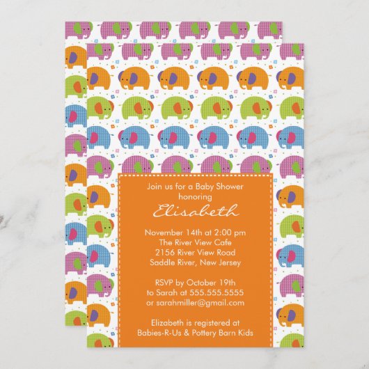 Elephant Baby Shower Invasion Orange Einladung (Vorne/Hinten)
