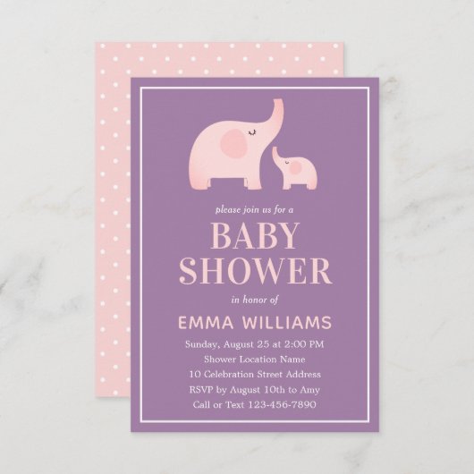 Elephant Baby Shower Invitation Girl - Lila rosa Einladung (Vorne/Hinten)