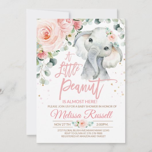Elephant Baby Shower Invitation Girl, Safari Pink Einladung (Vorderseite)